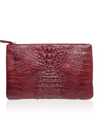 Crocodile Hornback Leather Zipper Pouch , Red