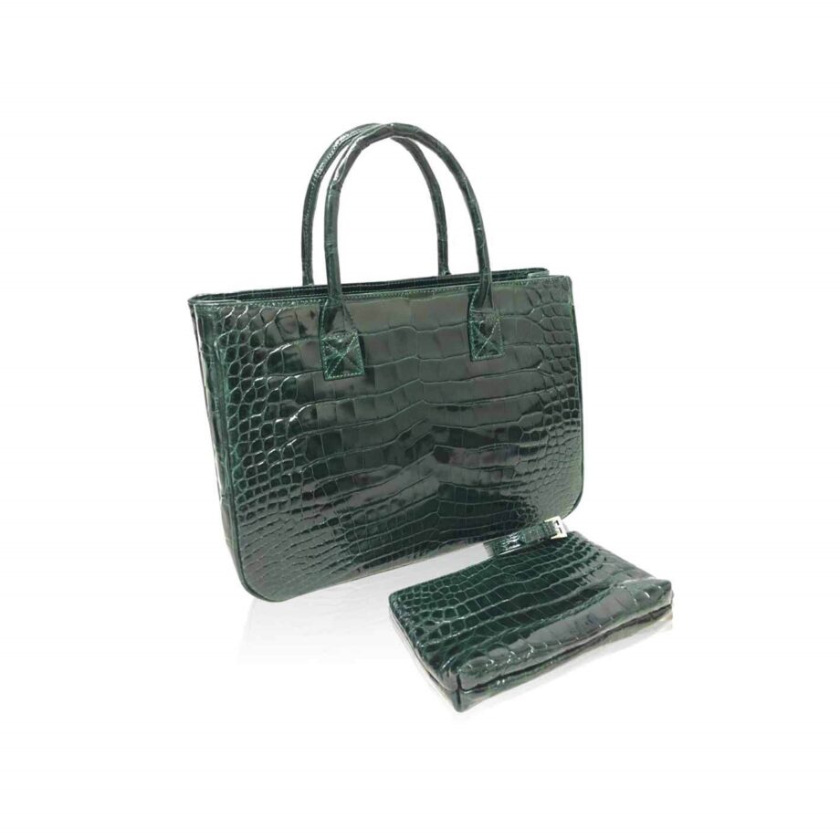 CADDY Shiny Crocodile Handbag, Size 30, Dark Green