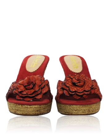 Snake Leather Heel Sandal, Red