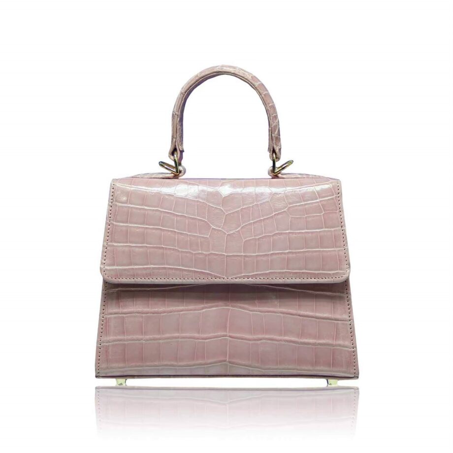 Goldmas Crocodile Leather Handbag, Shiny Cream Pink, Size 21