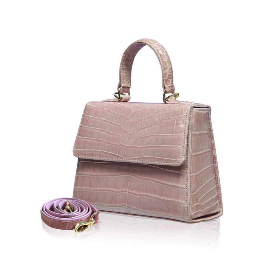 Goldmas Crocodile Leather Handbag, Shiny Cream Pink, Size 21