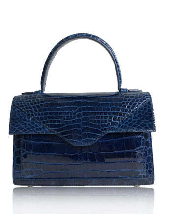 GLACIER Crocodile Leather Handbag, Shiny Dark Blue, Size 21