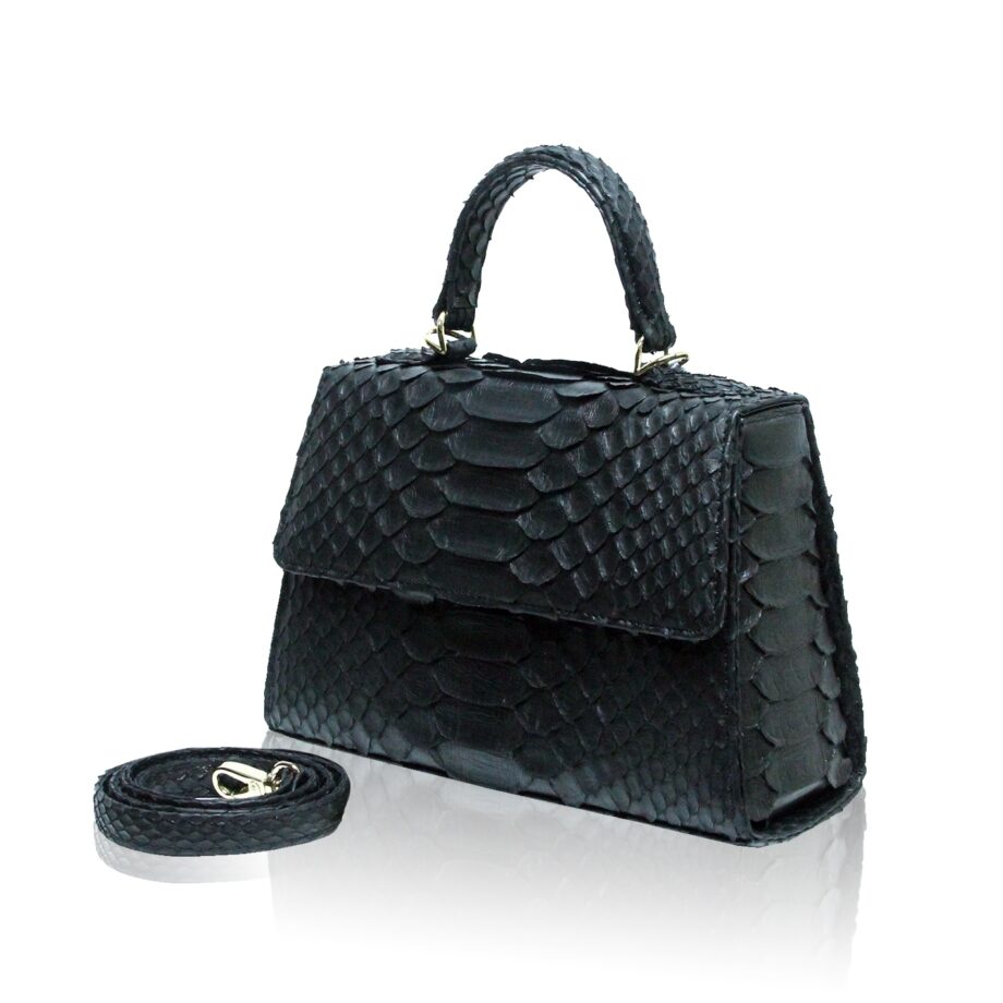 GOLDMAS Python Belly Leather Handbag, Matte Black, Size 25