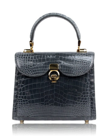 MONARCH Crocodile Leather Handbag, Shiny Dark Grey, Size 24