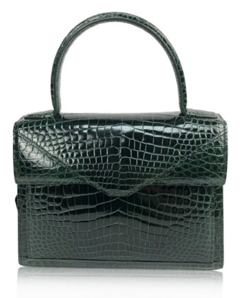 RIFFLE, Crocodile Leather Handbag, Shiny Dark Green, Size 24