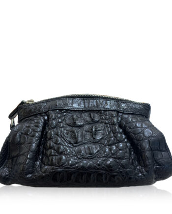 CANIS Crocodile Hornback Leather Clutch Bag, Matte Black, Size 26 cm