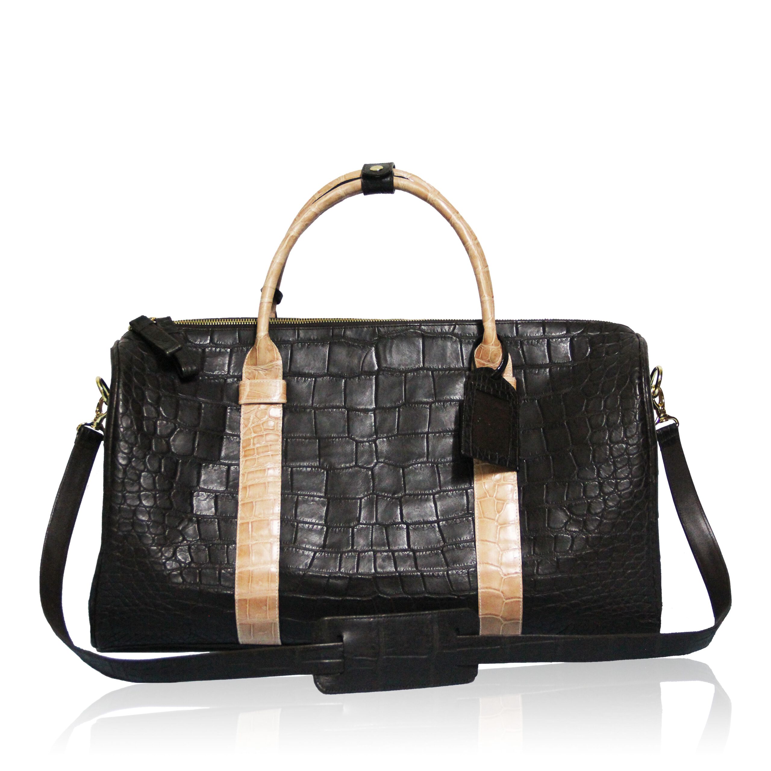 Travel Bag, crocodile Belly Leather, Black & Beige, Size 56 cm