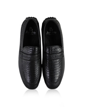 Lamb & Snake Leather Moccasin Shoes, Black