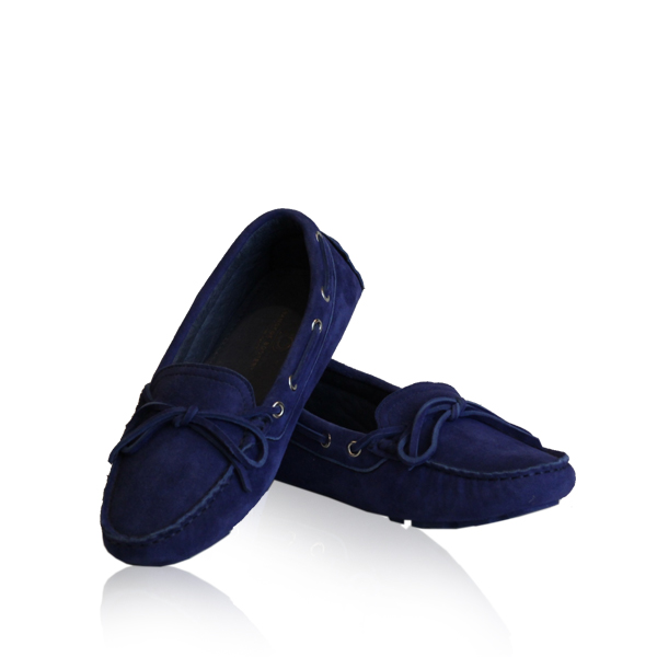 Lamb Suede Leather Fringe Ribbon Casual Shoes, Blue