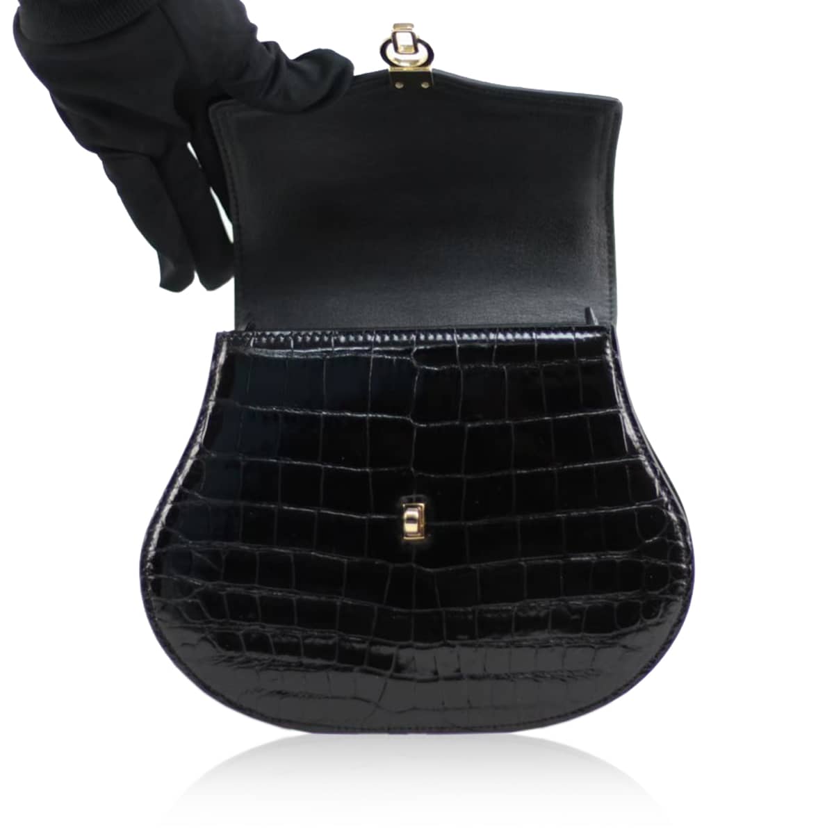 VIRANDA Baby Shiny Black Crocodile Belly Leather Handbag Size 21