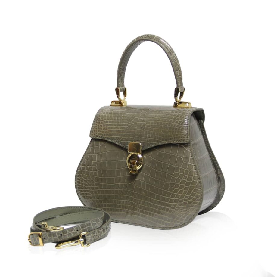 VIRANDA Baby Shiny Grey Crocodile Belly Leather Handbag Size 21