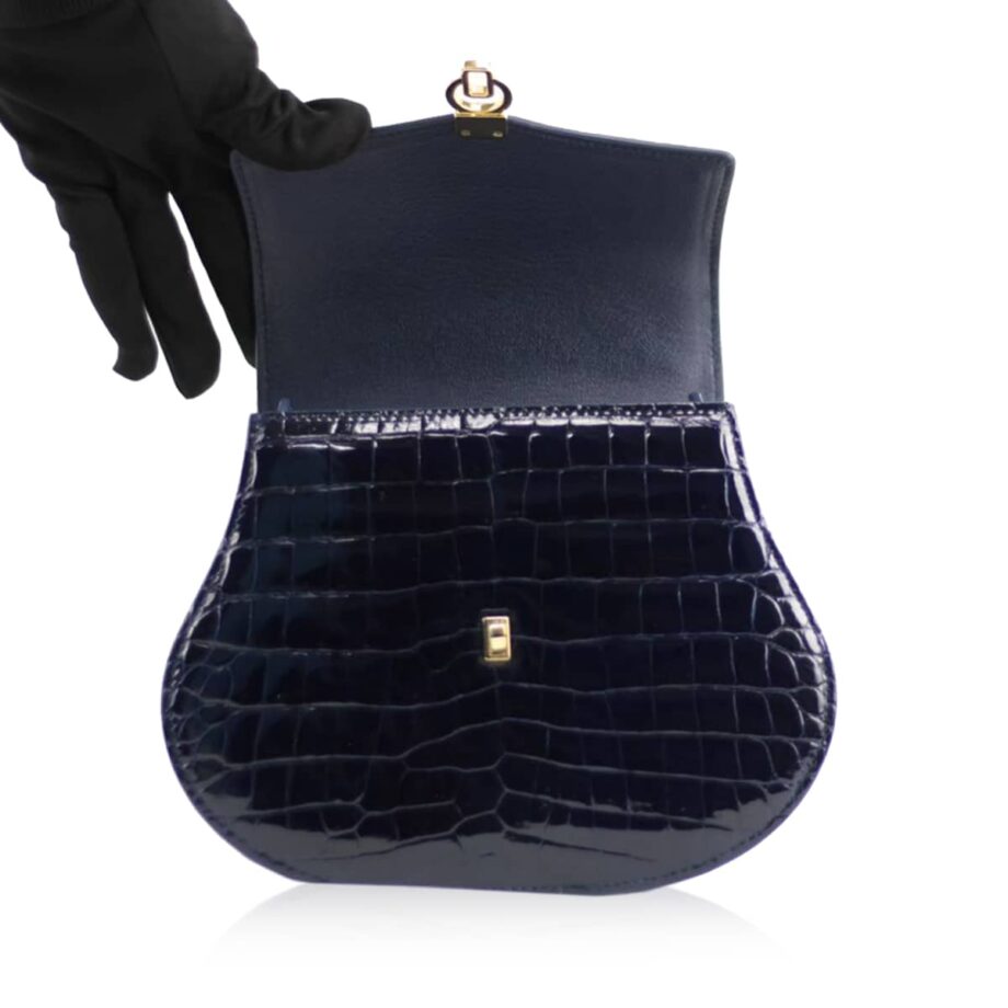 VIRANDA Baby Shiny Navy Blue Crocodile Belly Leather Handbag Size 21