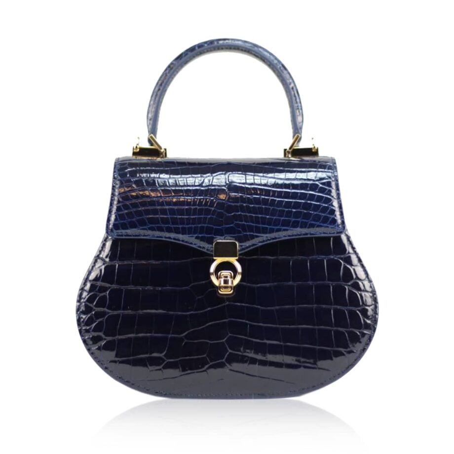 VIRANDA Baby Shiny Navy Blue Crocodile Belly Leather Handbag Size 21