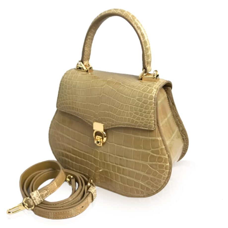 VIRANDA Shiny Beige Crocodile Belly Leather Handbag Size 25