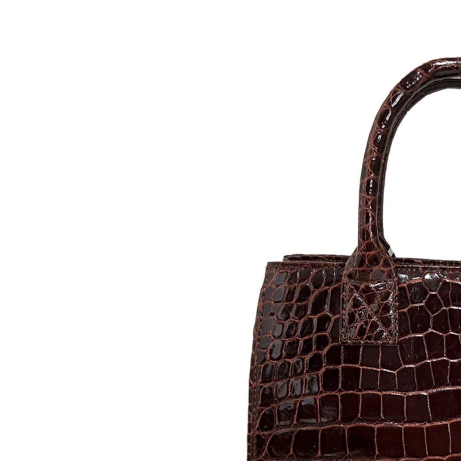 CADDY Crocodile Jumbo Leather Handbag Shiny Brown