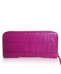 Round Zipper Crocodile Belly Leather Matte Hot Pink