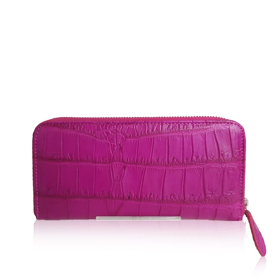 Round Zipper Crocodile Belly Leather Matte Hot Pink